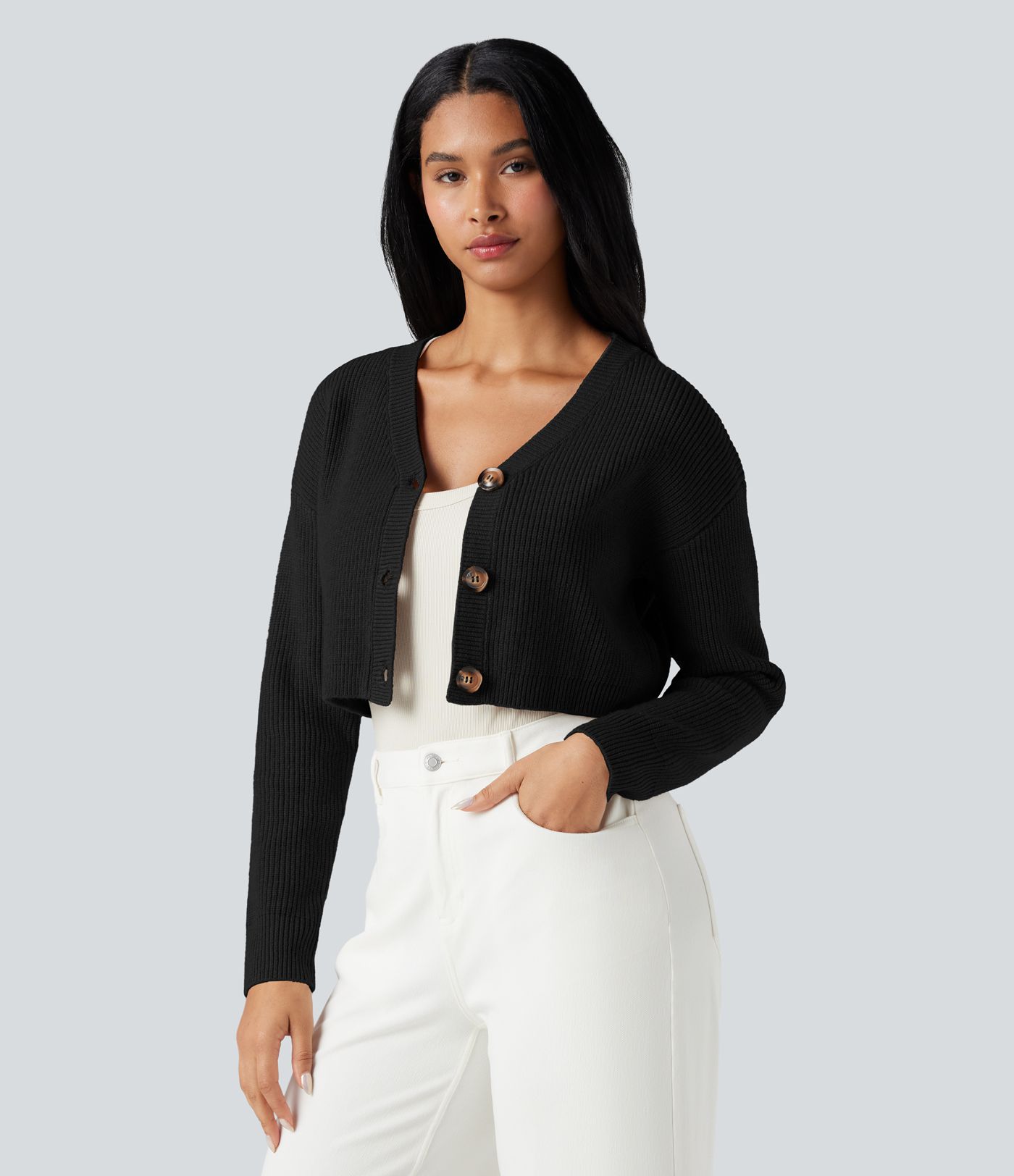 V-neck Long Sleeve Cropped Work Cardigan