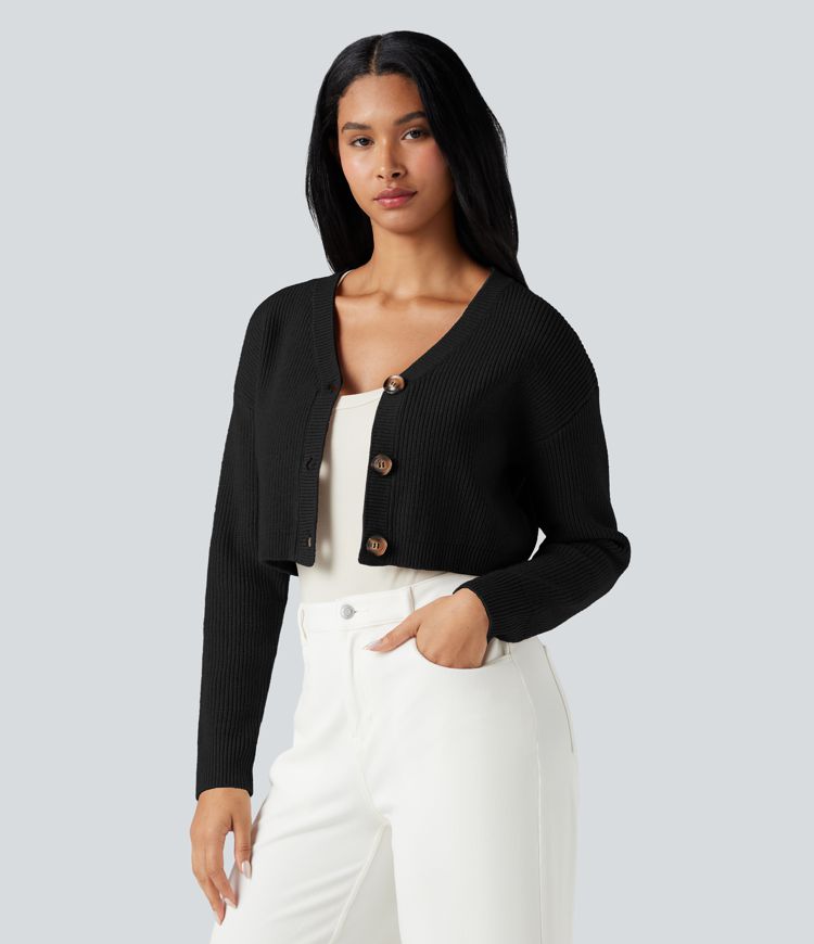 V-neck Long Sleeve Cropped Work Cardigan
