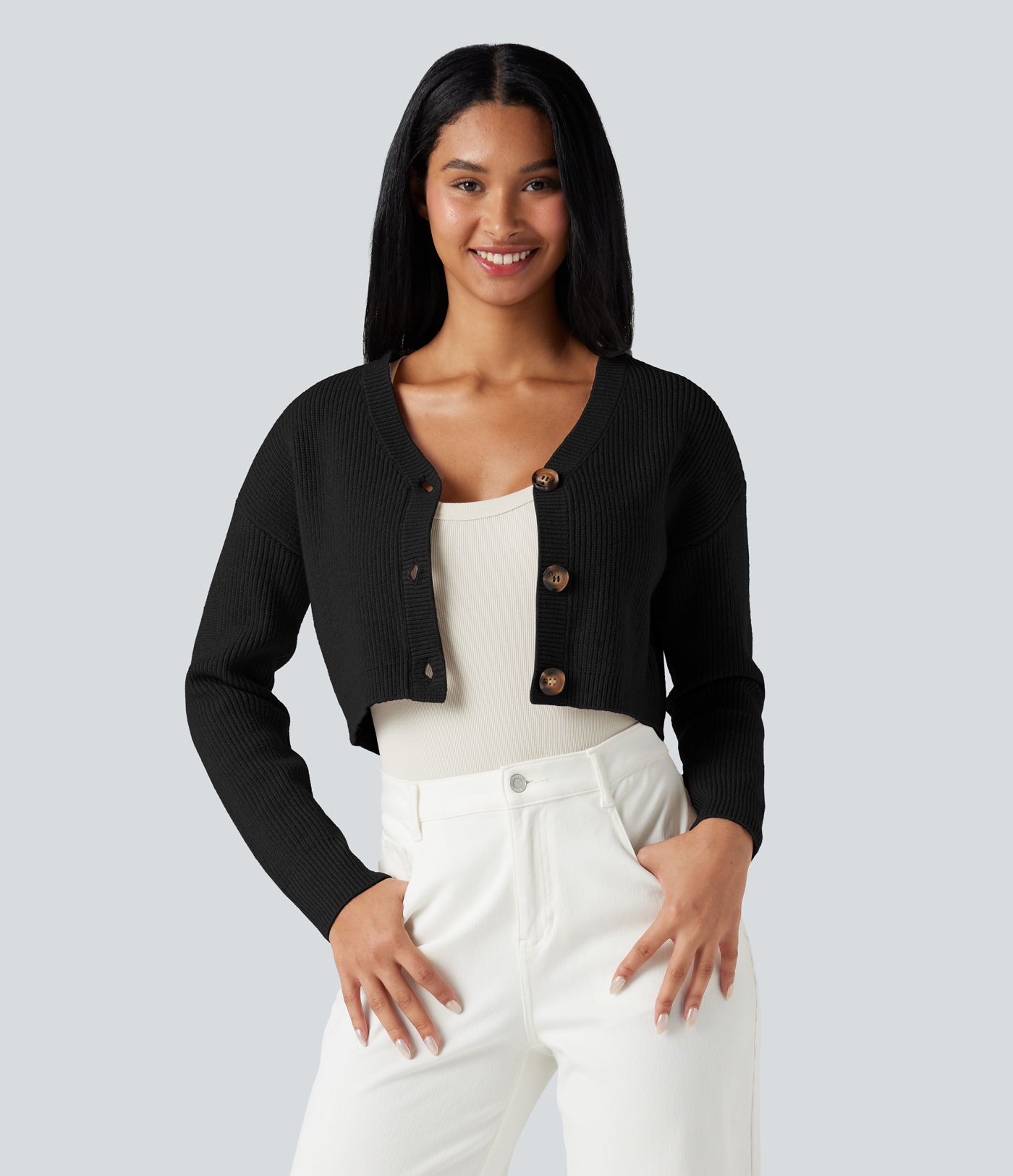 V-neck Long Sleeve Cropped Work Cardigan