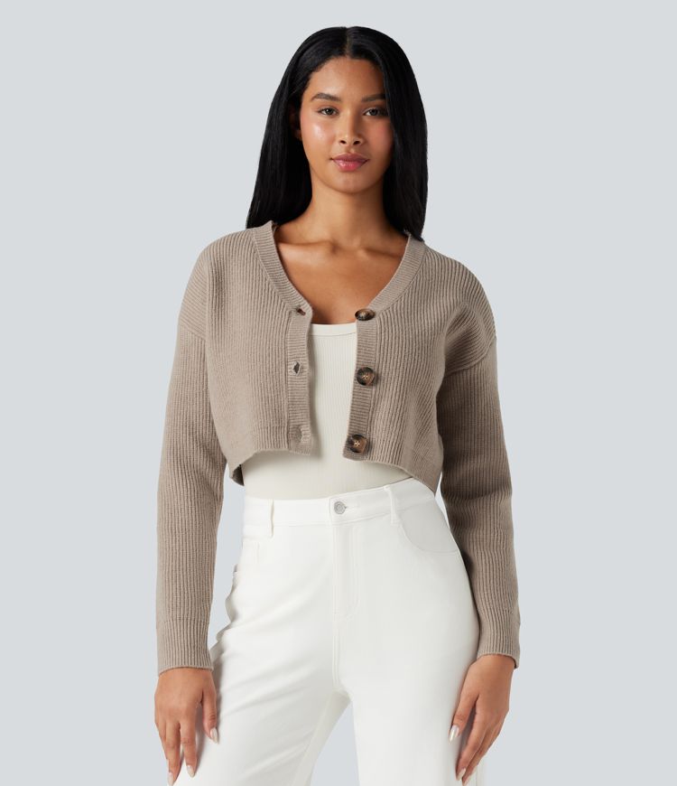 V-neck Long Sleeve Cropped Work Cardigan