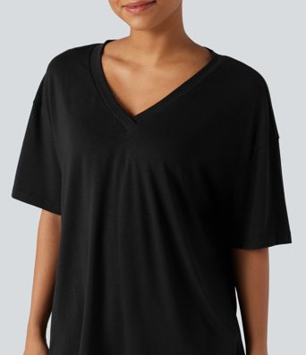 V-neck Short Sleeve Relaxed Women Oversized Casual Top