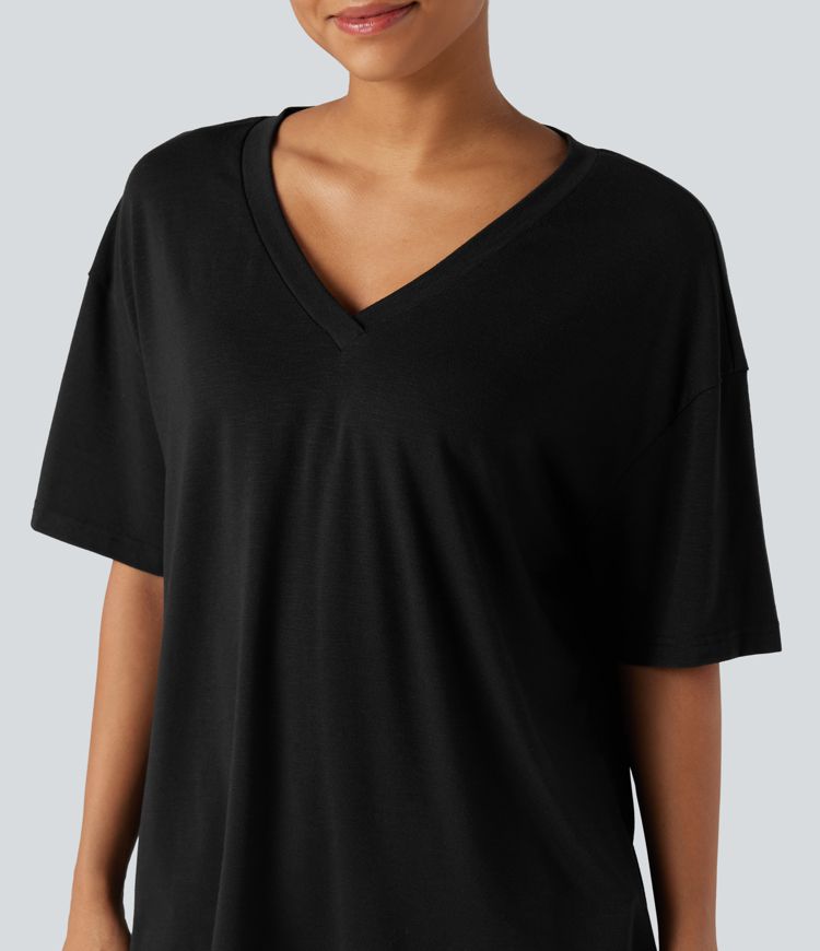 V-neck Short Sleeve Relaxed Women Oversized Casual Top