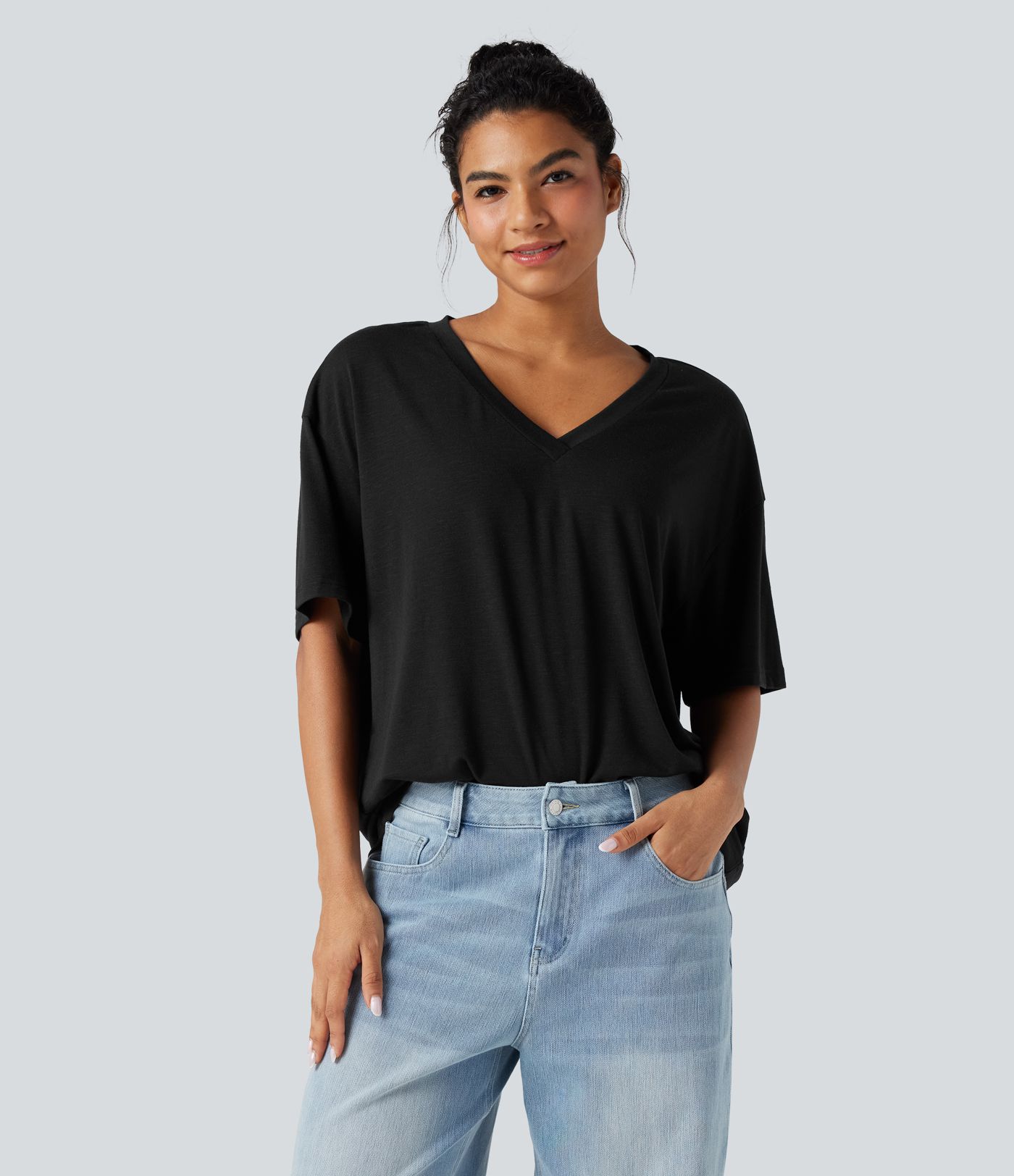 V-neck Short Sleeve Relaxed Women Oversized Casual Top