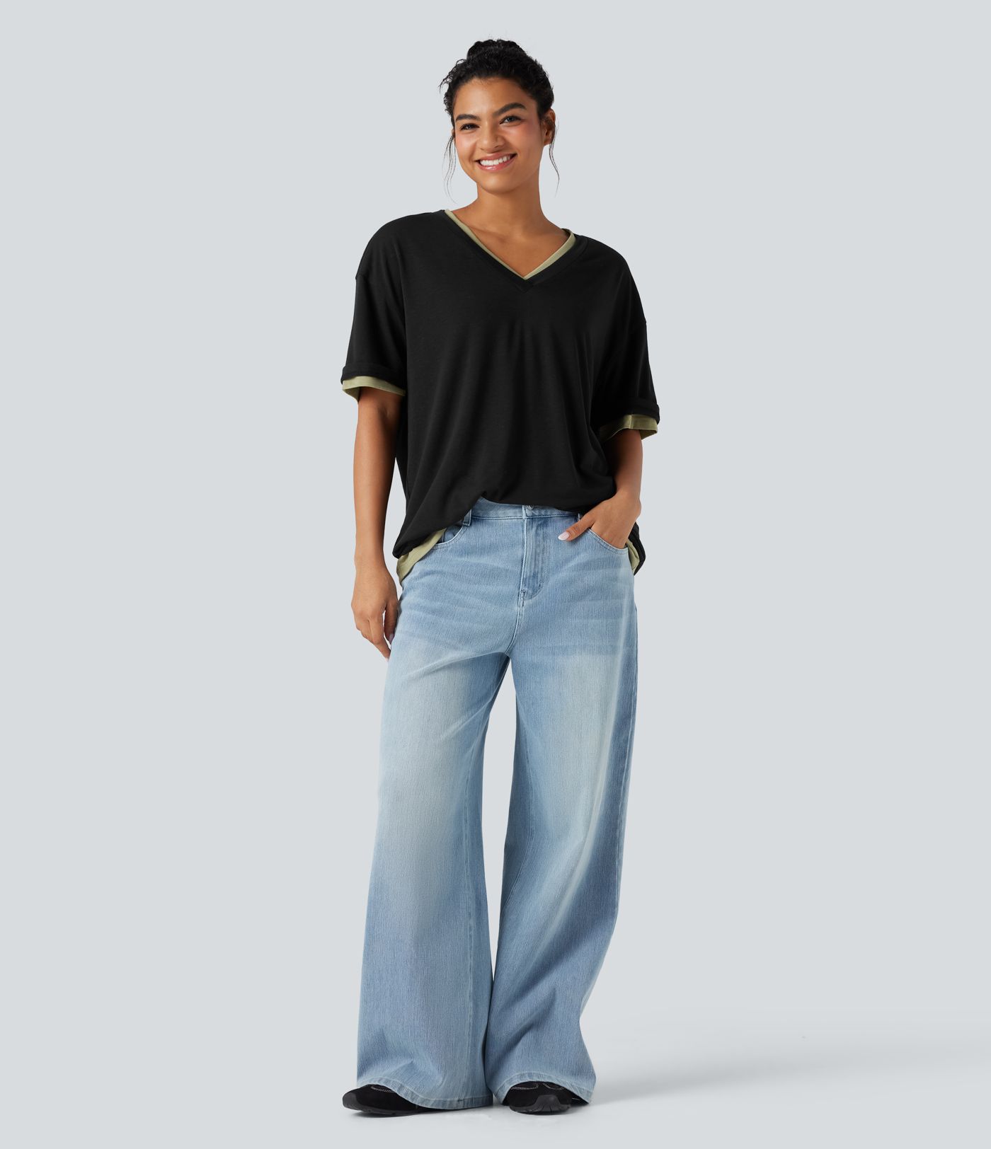 V-neck Short Sleeve Relaxed Women Oversized Casual Top