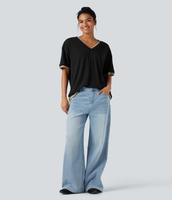 V-neck Short Sleeve Relaxed Women Oversized Casual Top