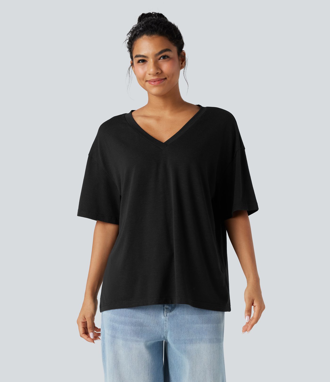 V-neck Short Sleeve Relaxed Women Oversized Casual Top