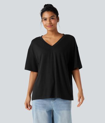 V-neck Short Sleeve Relaxed Women Oversized Casual Top