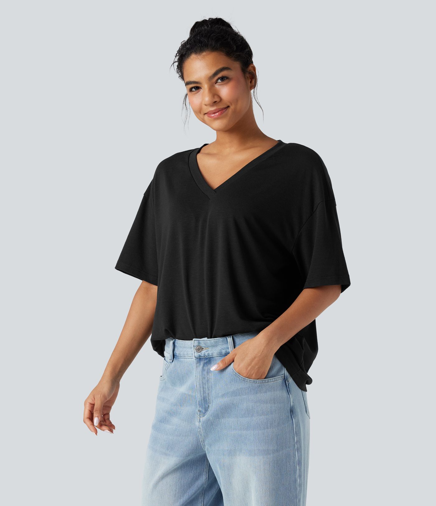 V-neck Short Sleeve Relaxed Women Oversized Casual Top
