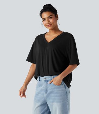 V-neck Short Sleeve Relaxed Women Oversized Casual Top