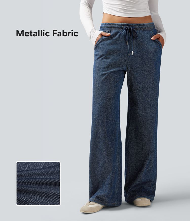 Halara Flex™ Low Rise Drawstring Wide Leg Metallic Casual Jeans with Pockets