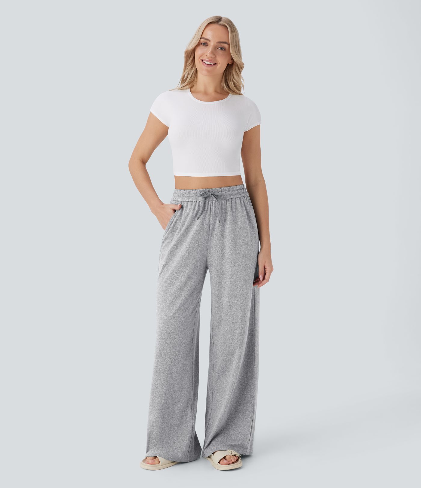 High Waisted Drawstring Pocket Wide Leg Casual Trousers