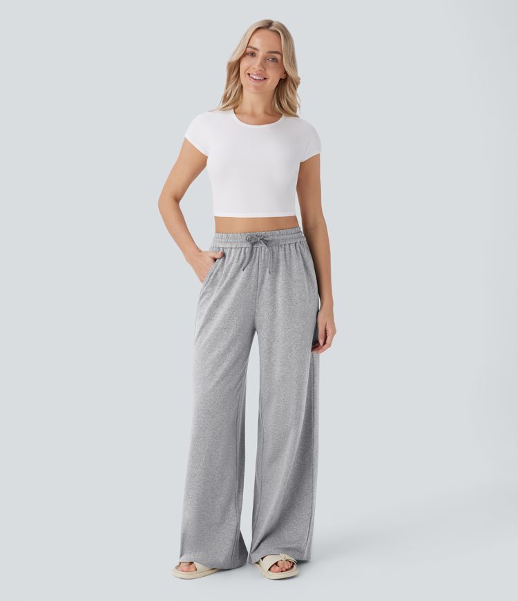 High Waisted Drawstring Pocket Wide Leg Casual Pants