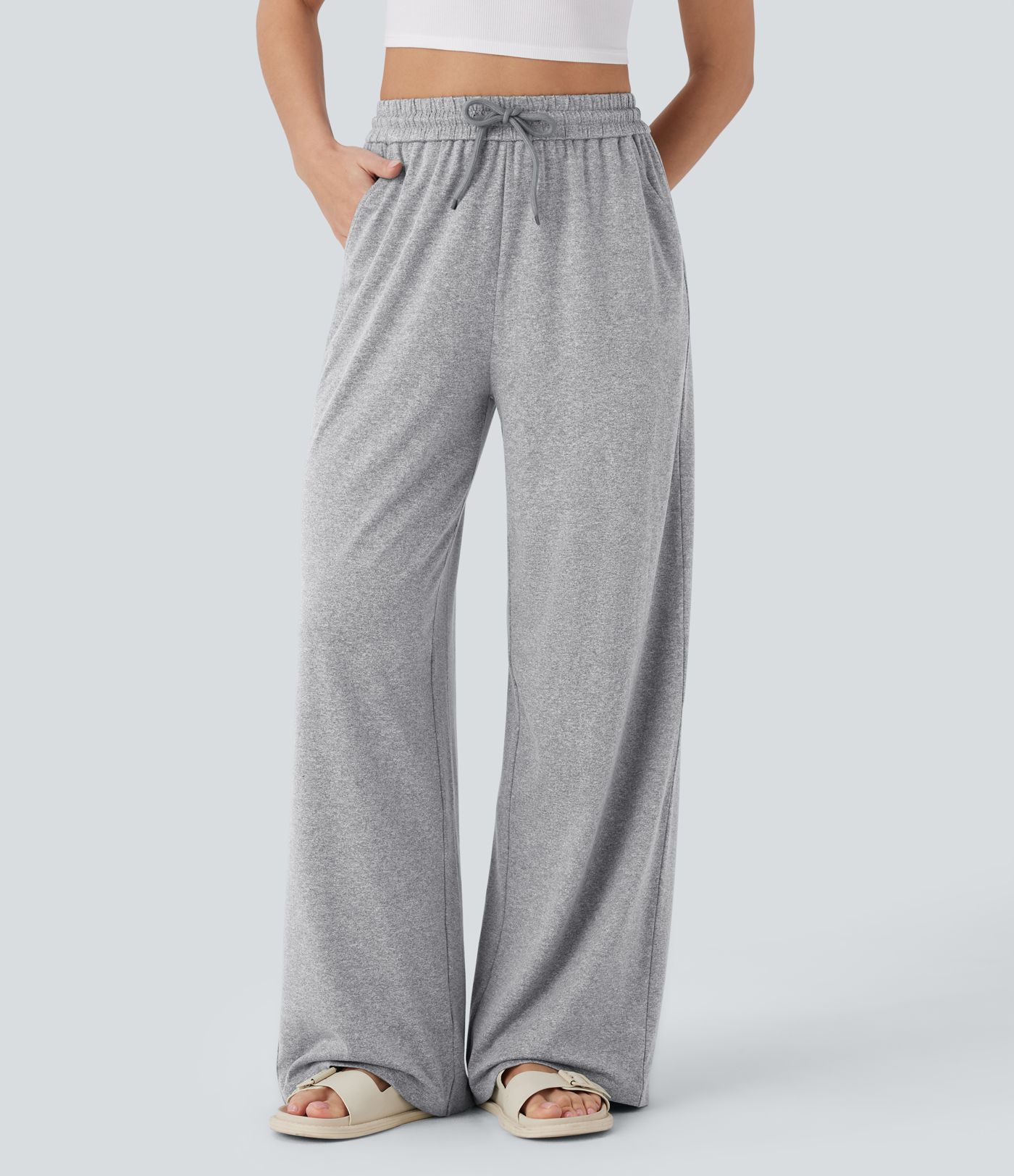 High Waisted Drawstring Pocket Wide Leg Casual Trousers
