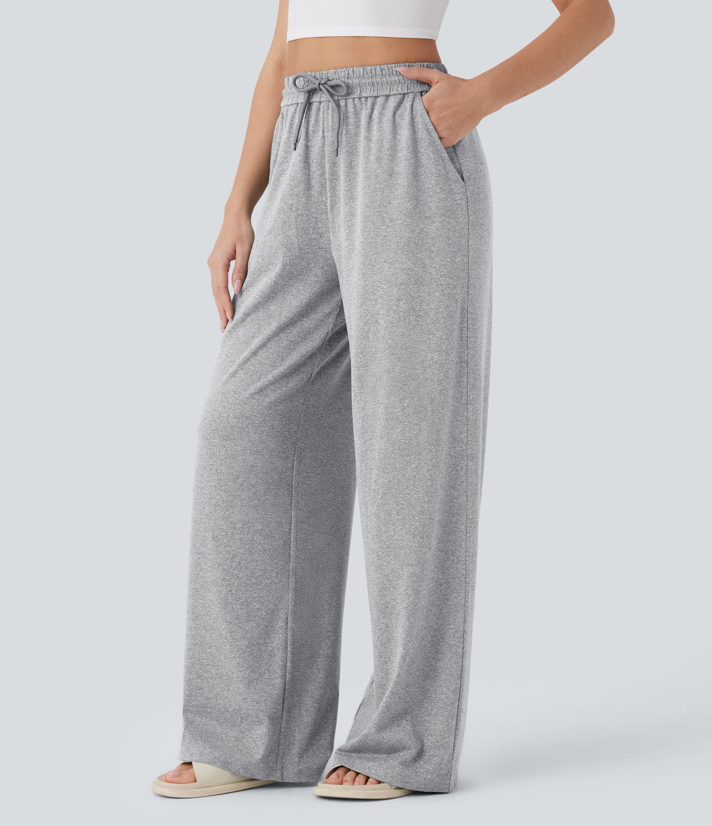High Waisted Drawstring Pocket Wide Leg Casual Trousers