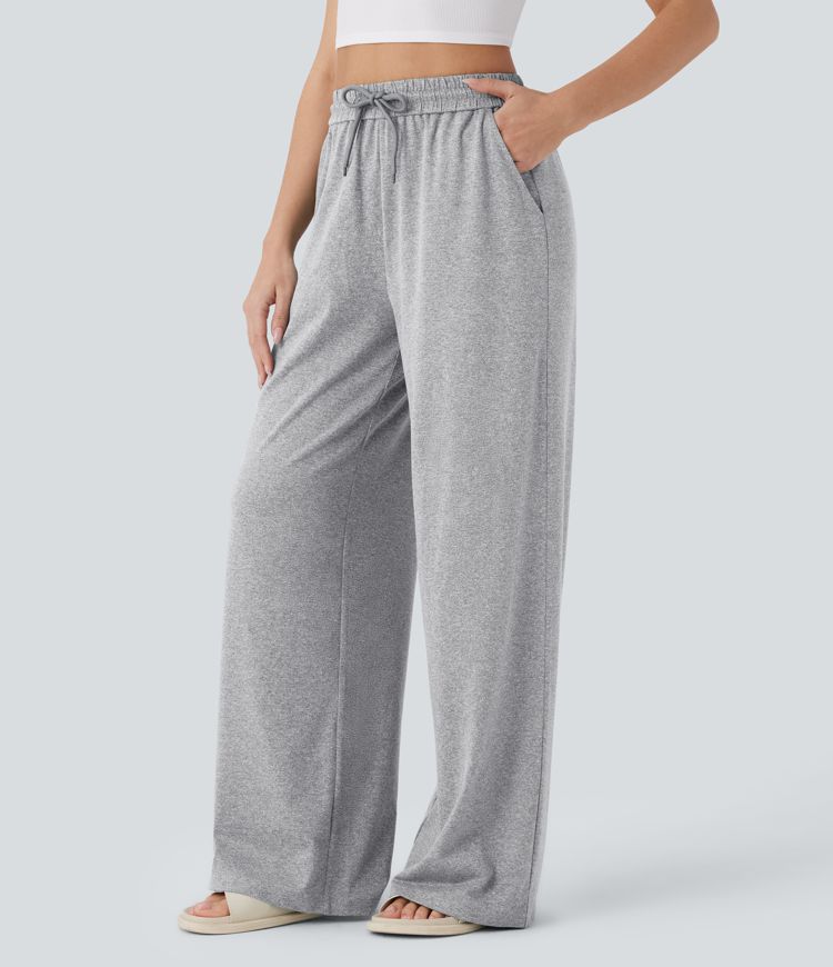 High Waisted Drawstring Side Pocket Wide Leg Casual Pants