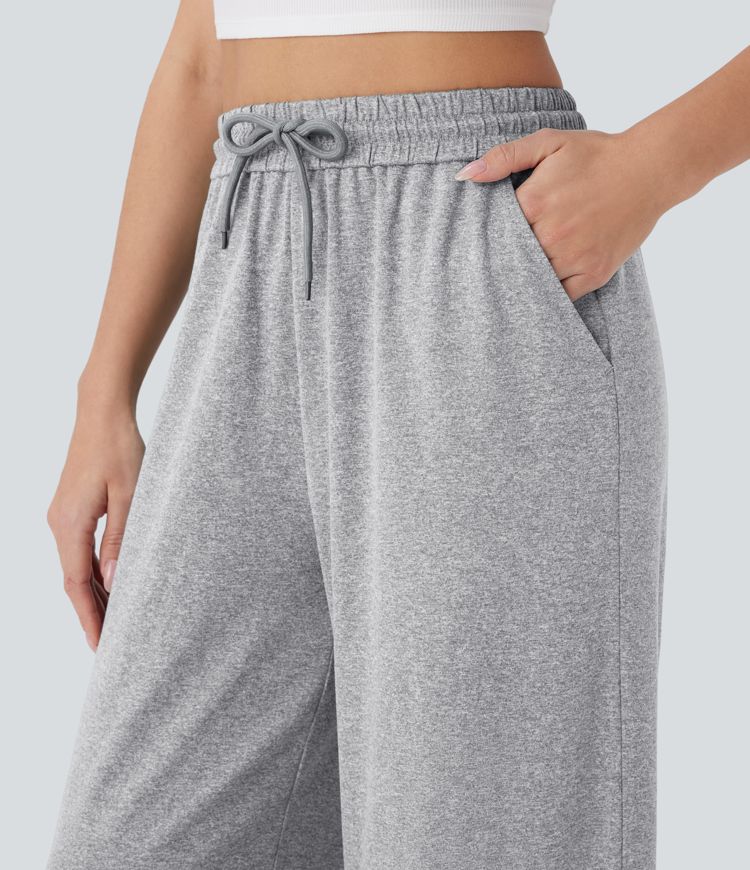 High Waisted Drawstring Pocket Wide Leg Casual Pants