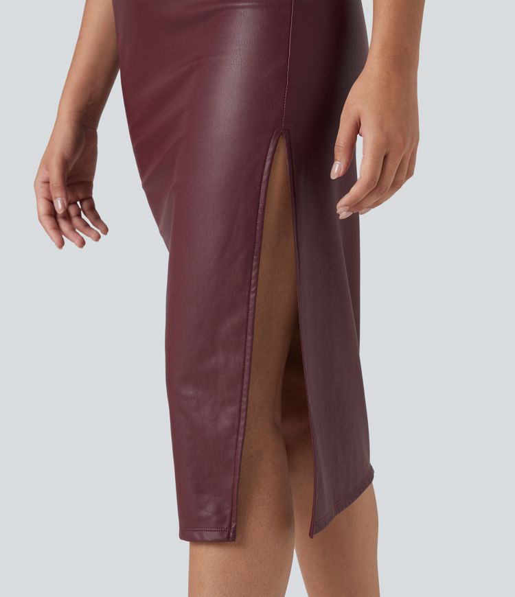 Lace Up Fleece Midi PU Leather Dress