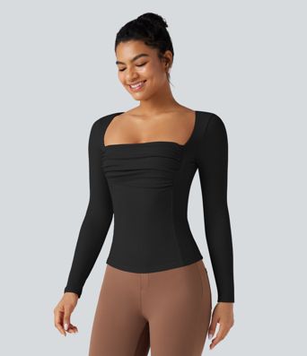 Ribbed Knit Square Neck Ruched Long Sleeve Work T-Shirt