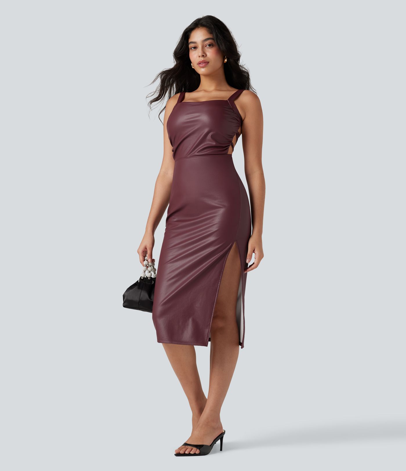 Lace Up Fleece Midi PU Faux Leather Dress