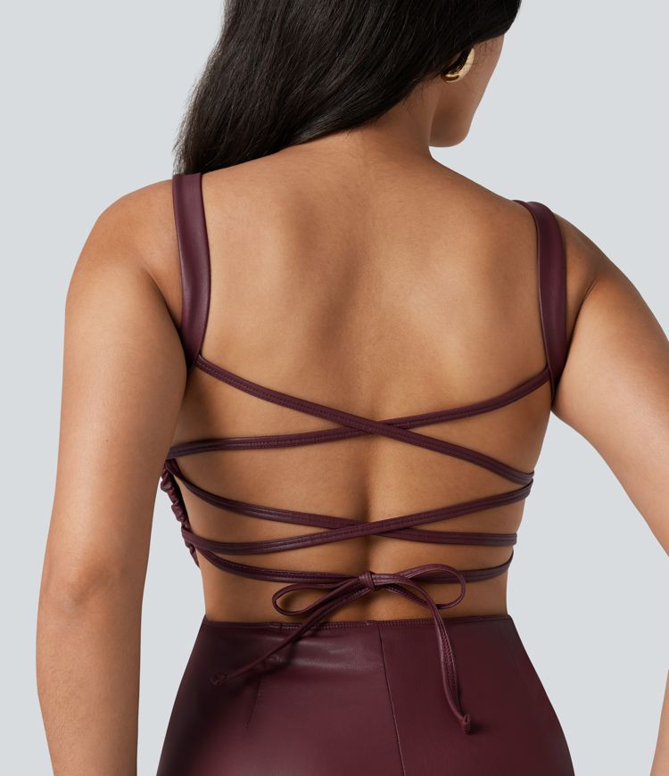 Lace Up Fleece Midi PU Leather Dress