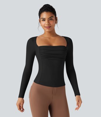 Ribbed Knit Square Neck Ruched Long Sleeve Work T-Shirt