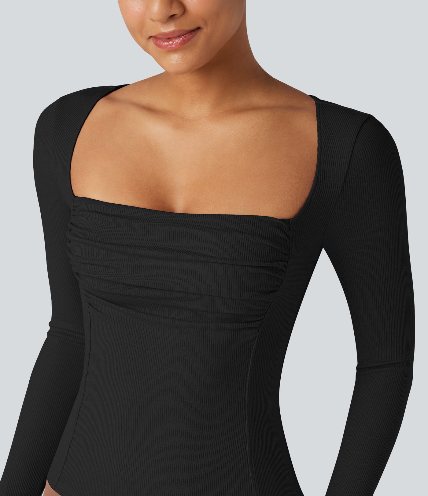 Ribbed Knit Square Neck Ruched Long Sleeve Work T-Shirt