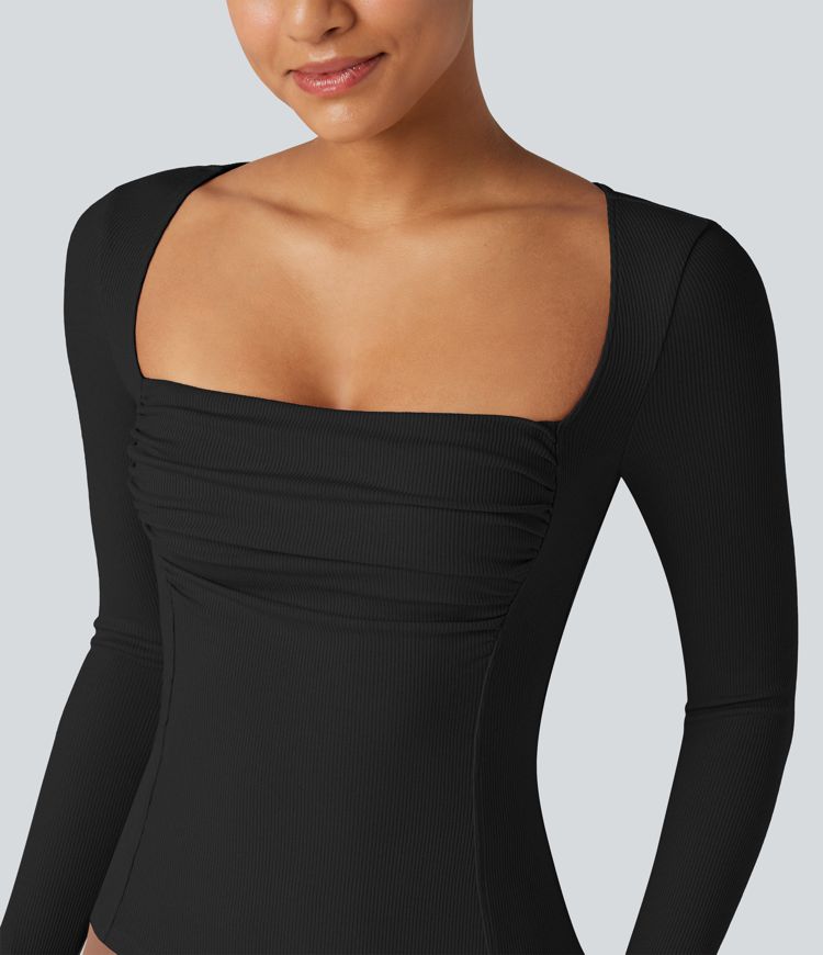 Ribbed Knit Square Neck Ruched Long Sleeve Work T-Shirt