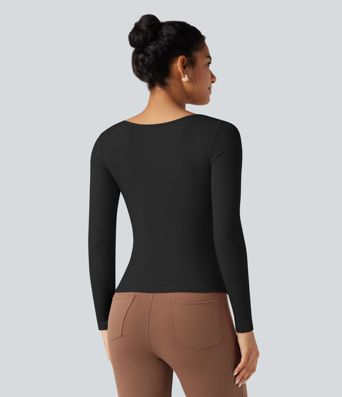 Ribbed Knit Square Neck Ruched Long Sleeve Work T-Shirt