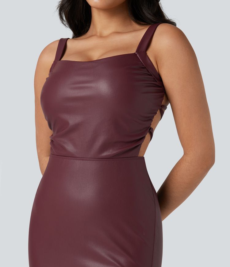 Lace Up Fleece Midi PU Leather Dress