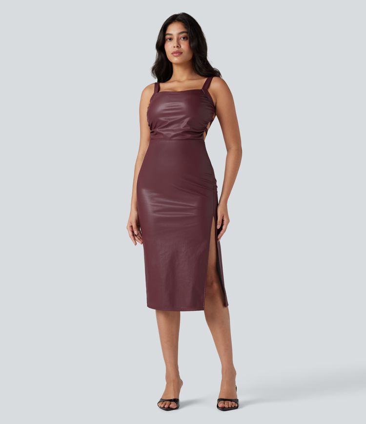 Lace Up Fleece Midi PU Leather Dress