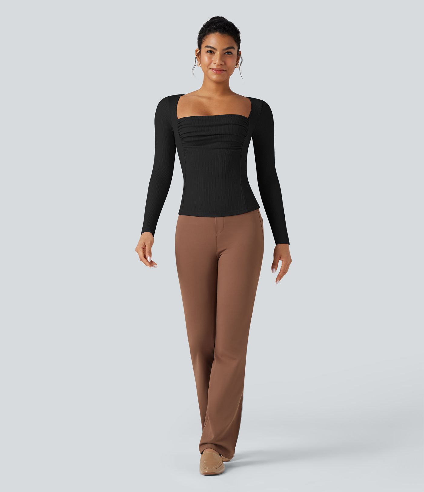 Ribbed Knit Square Neck Ruched Long Sleeve Work T-Shirt