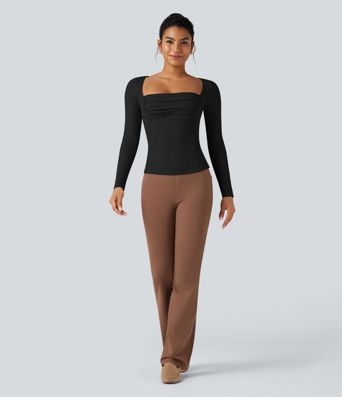 Ribbed Knit Square Neck Ruched Long Sleeve Work T-Shirt