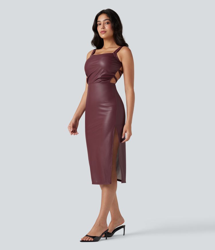 Lace Up Fleece Midi PU Leather Dress