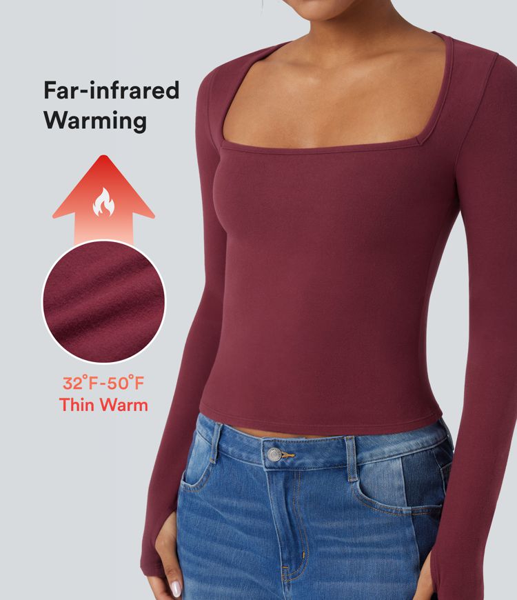 Square Neck Long Sleeve Thumb Holes Casual Warming Top