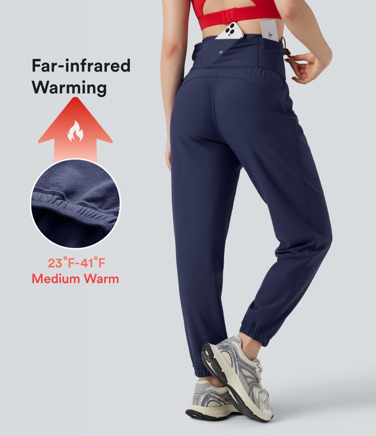 Durable Water Repellent High Waisted Drawstring Fleece Running Warming Joggers with Pockets