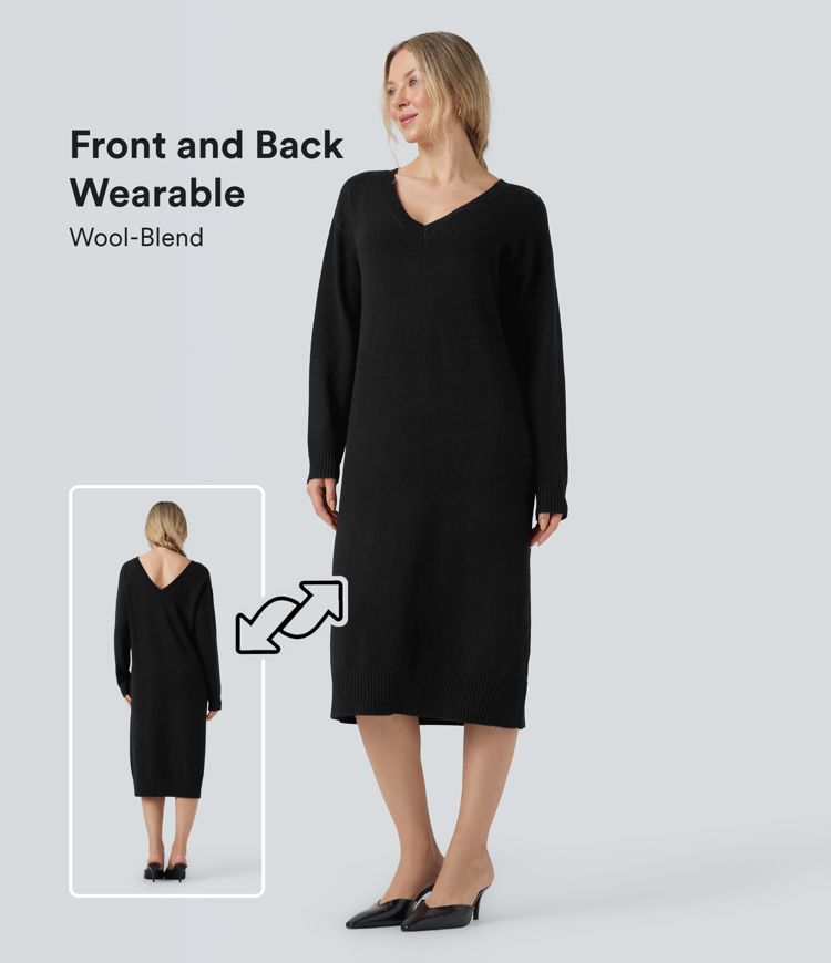 V-neck Long Sleeve Midi Wool-Blend Work Sweater Dress-Front and Back Wearable