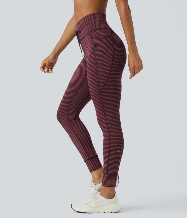 High Waisted Drawstring Striped Yoga Leggings with Pockets