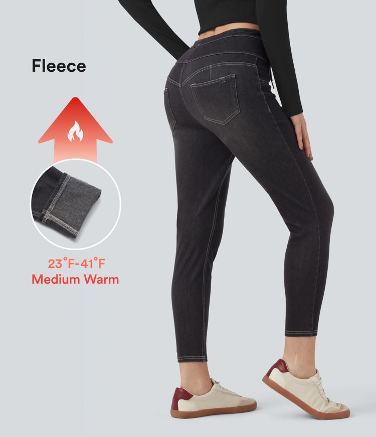 Halara Flex™ High Waisted Drawstring Fleece Denim Casual 7/8 Leggings with Pockets