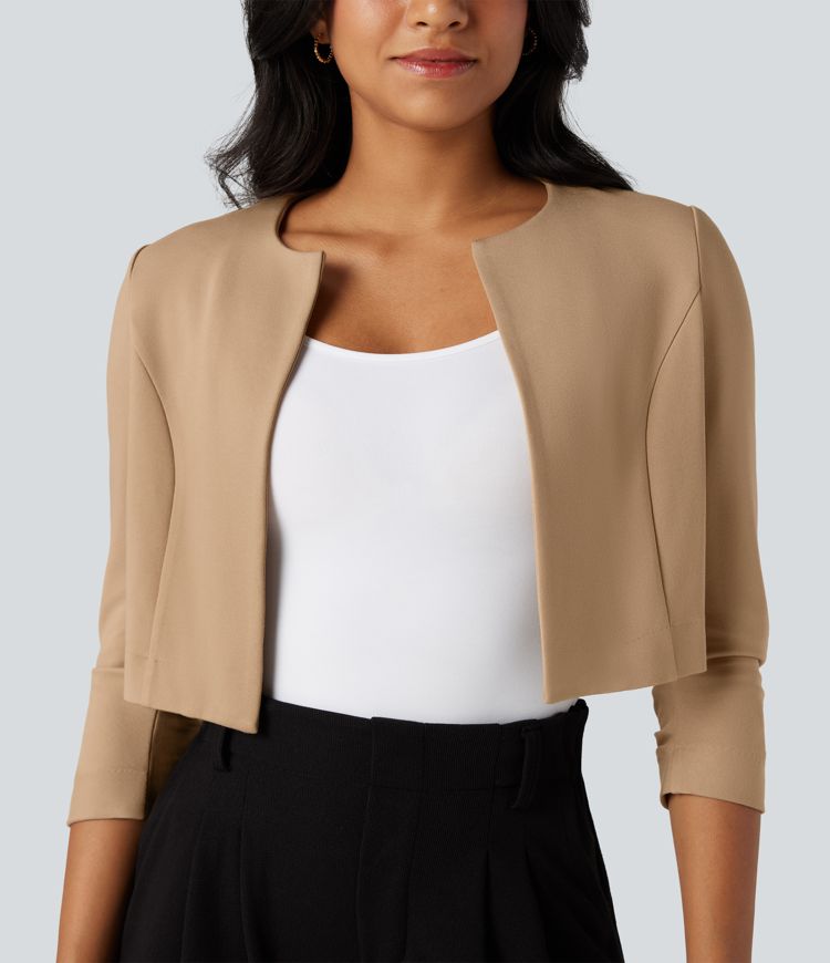 Round Neck 3/4 Sleeve Cropped Work Blazer