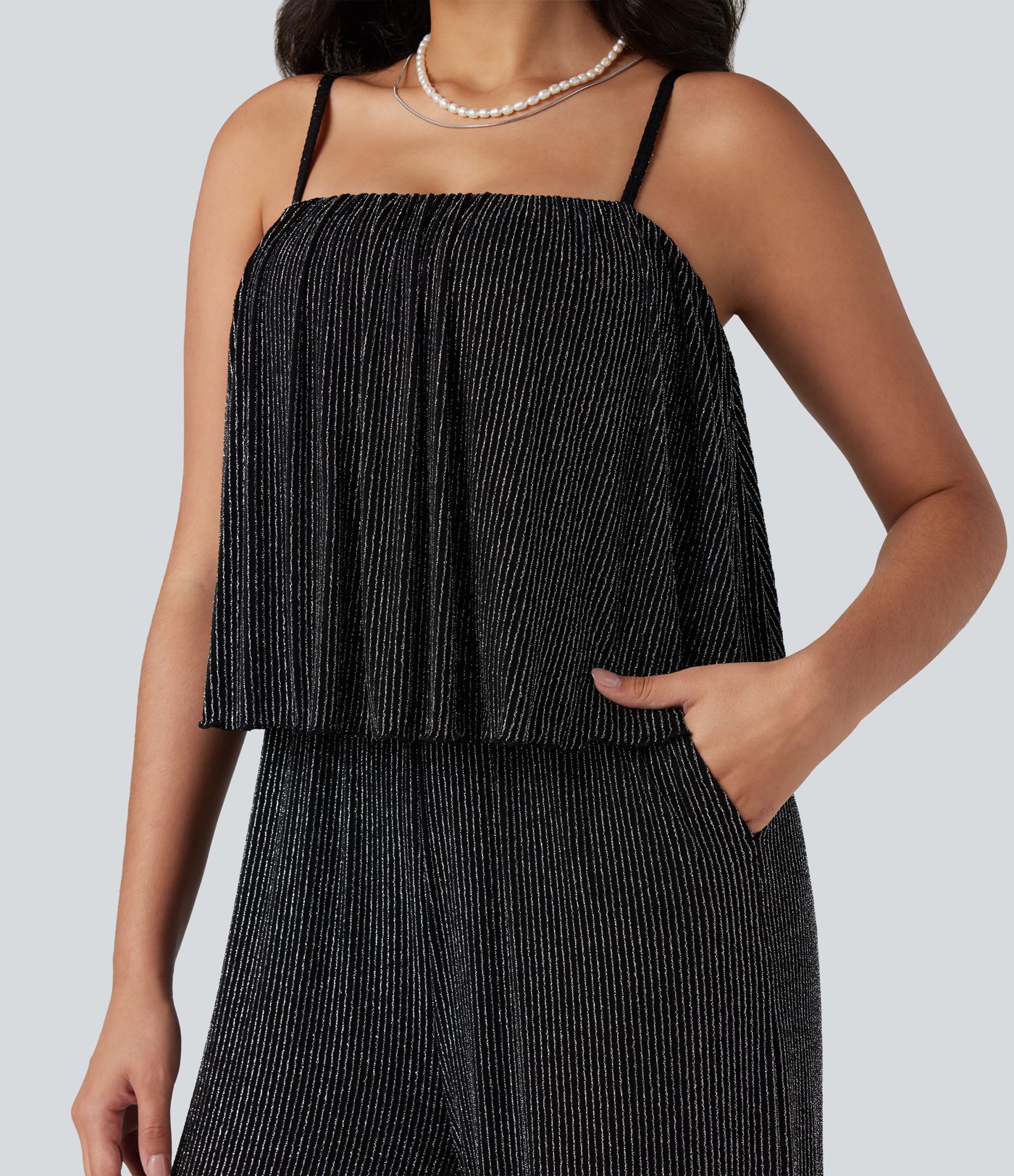 Combinaison Easy Peezy sans manches à ourlet volanté, rayures sparkle, avec poches