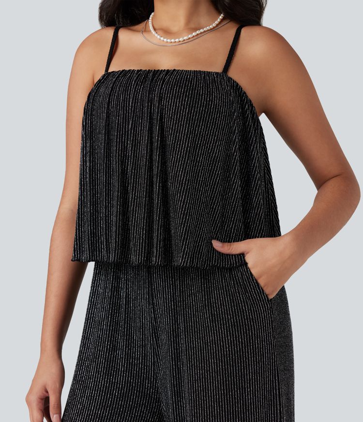 Ruffle Hem Sleeveless Metallic Stripe Casual Jumpsuit with Pockets-Easy Peezy