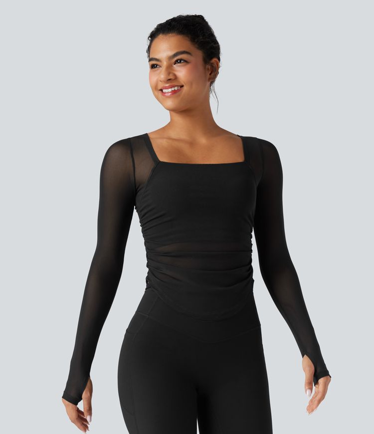 Square Neck Long Sleeve Thumb Holes Contrast Mesh Ruched Curved Hem 2-in-1 Workout Top