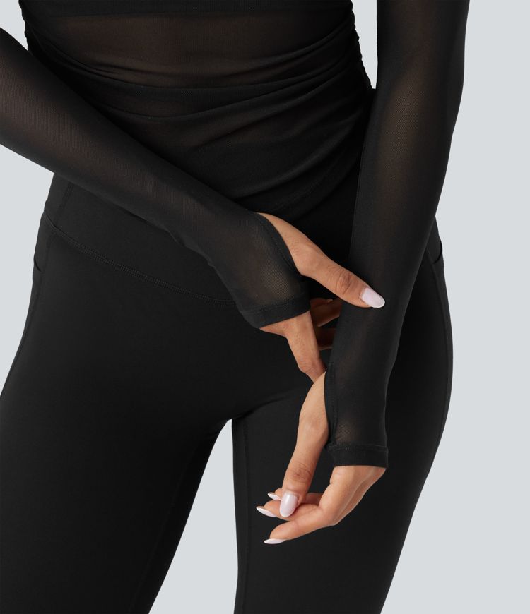 Square Neck Long Sleeve Thumb Holes Contrast Mesh Ruched Curved Hem 2-in-1 Workout Top
