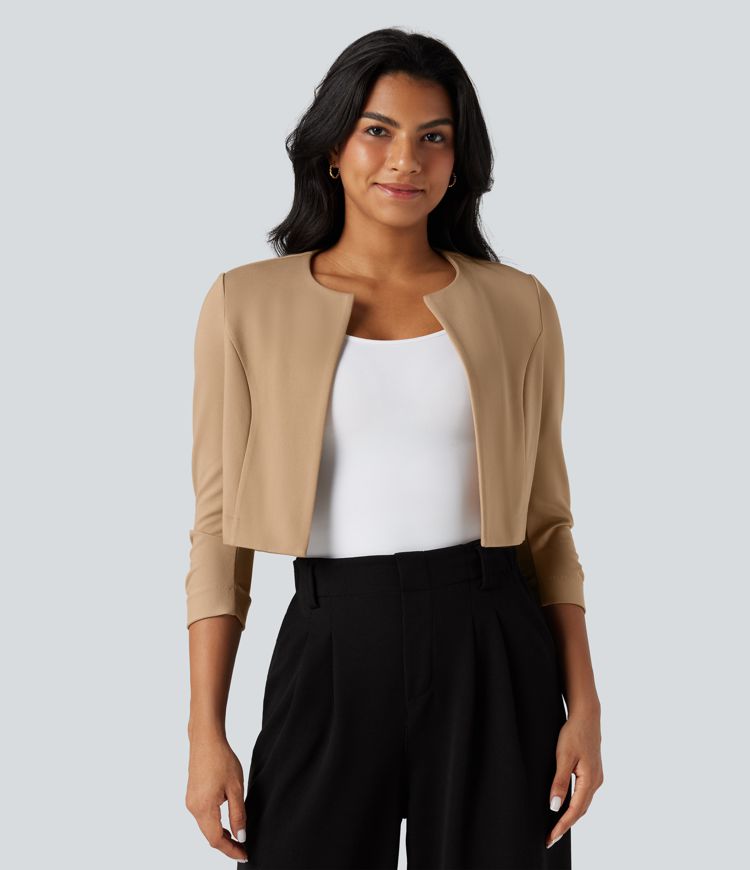 Round Neck 3/4 Sleeve Cropped Work Blazer