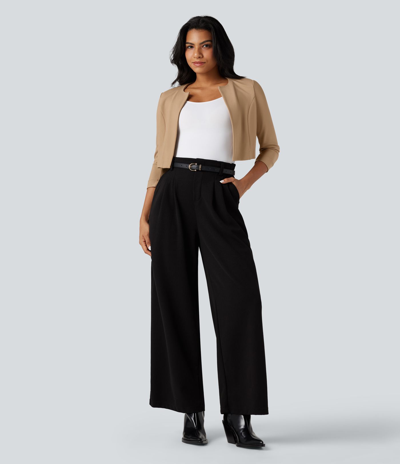 Round Neck 3/4 Sleeve Cropped Work Blazer