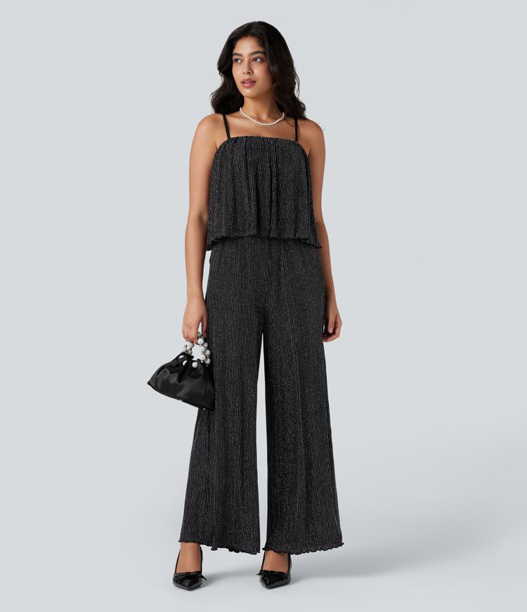 Ruffle Hem Sleeveless Metallic Stripe Casual Jumpsuit with Pockets-Easy Peezy