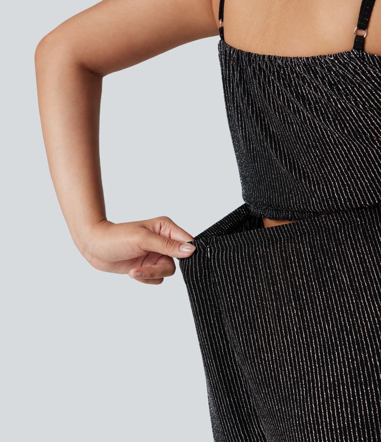 Ruffle Hem Sleeveless Metallic Stripe Casual Jumpsuit with Pockets-Easy Peezy