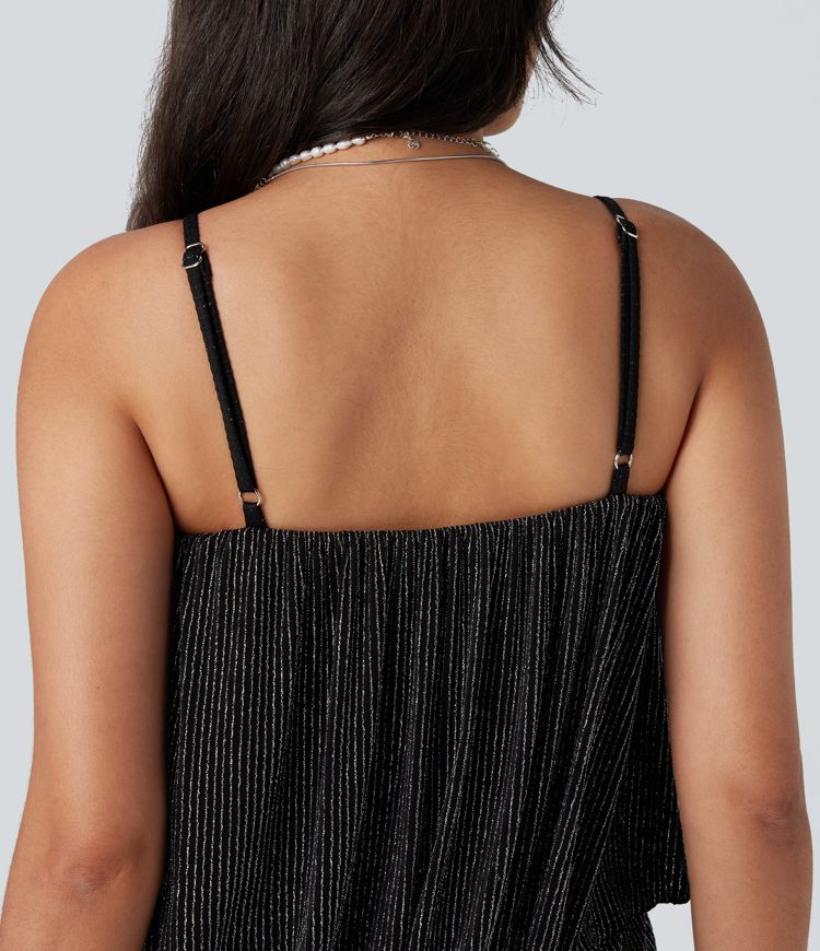 Ruffle Hem Sleeveless Metallic Stripe Casual Jumpsuit with Pockets-Easy Peezy