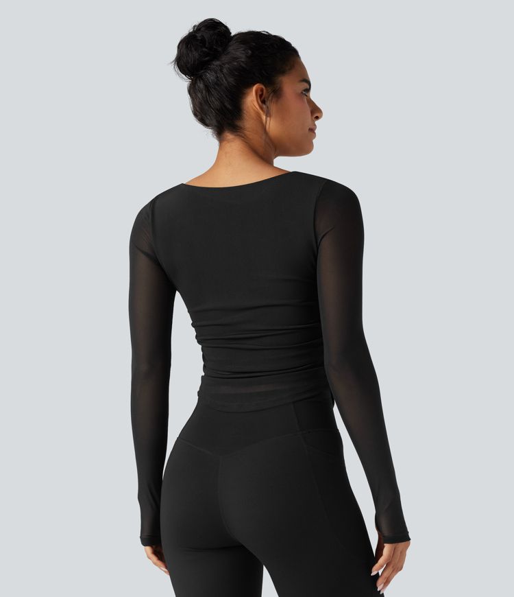 Square Neck Long Sleeve Thumb Holes Contrast Mesh Ruched Curved Hem 2-in-1 Workout Top