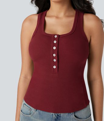 Ribbed Knit Henley Sleeveless Slim Casual Top